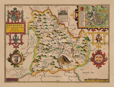 Antiguo mapa de Brecon Wales, 1611 por John Speed - Beacons, Crickhowell, Powys, Trecastle