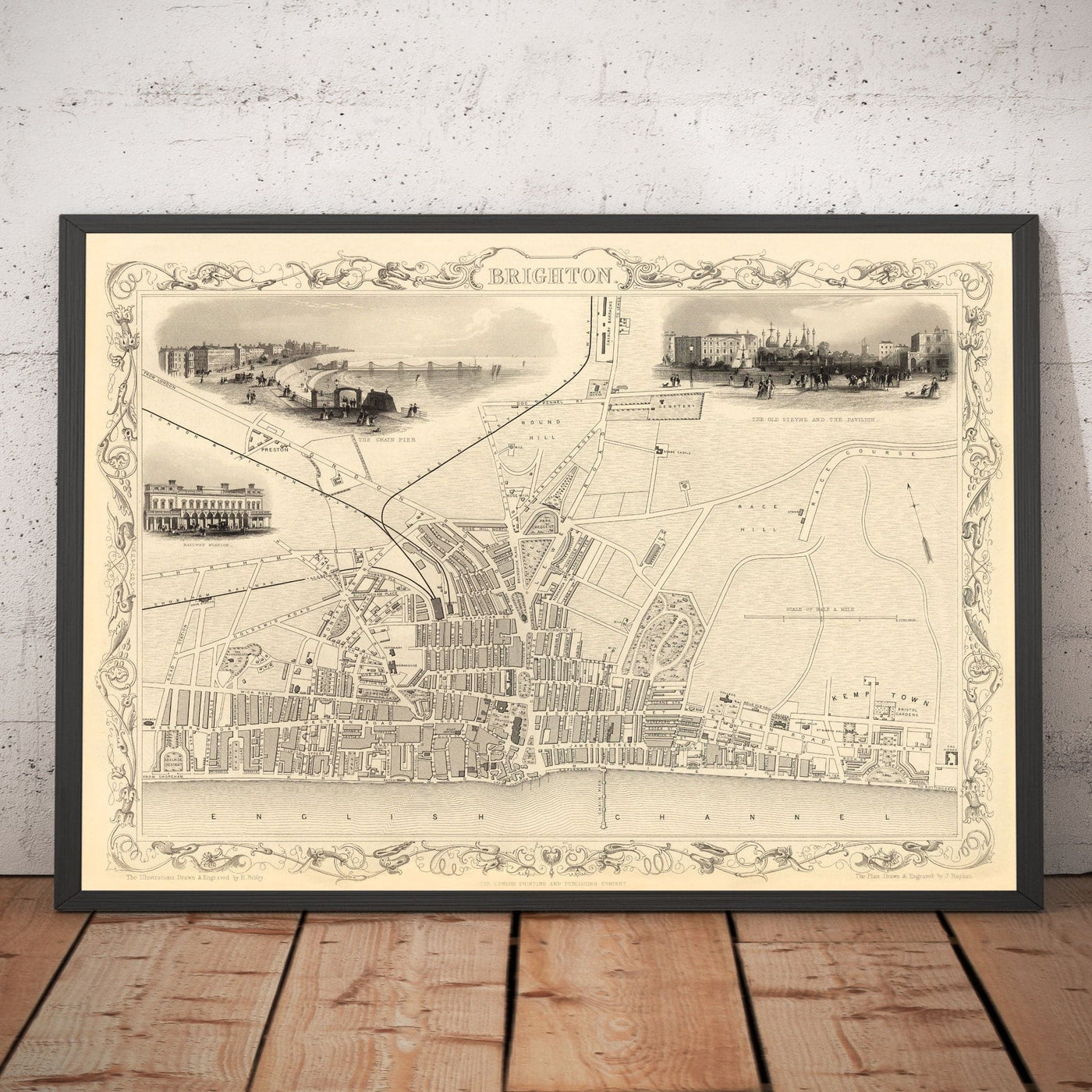 Alte Karte von Brighton im Jahr 1851 von J. & F. Tallis - Gassen, Pier, Parade, Alte Steine, Kemptown, East Sussex