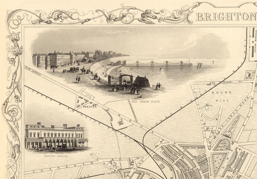 Mappa antica di Brighton nel 1851 di J. & F. Tallis - Lanes, Pier, Parade, Old Steine, Kemptown, East Sussex 