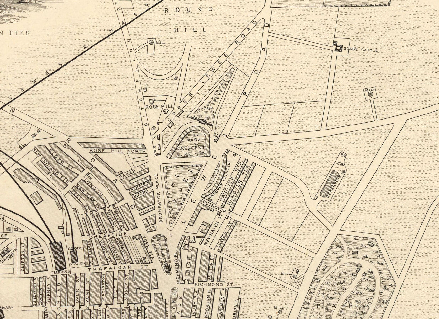 Mapa antiguo de Brighton en 1851 por J. & F. Tallis - Lanes, Pier, Parade, Old Steine, Kemptown, East Sussex