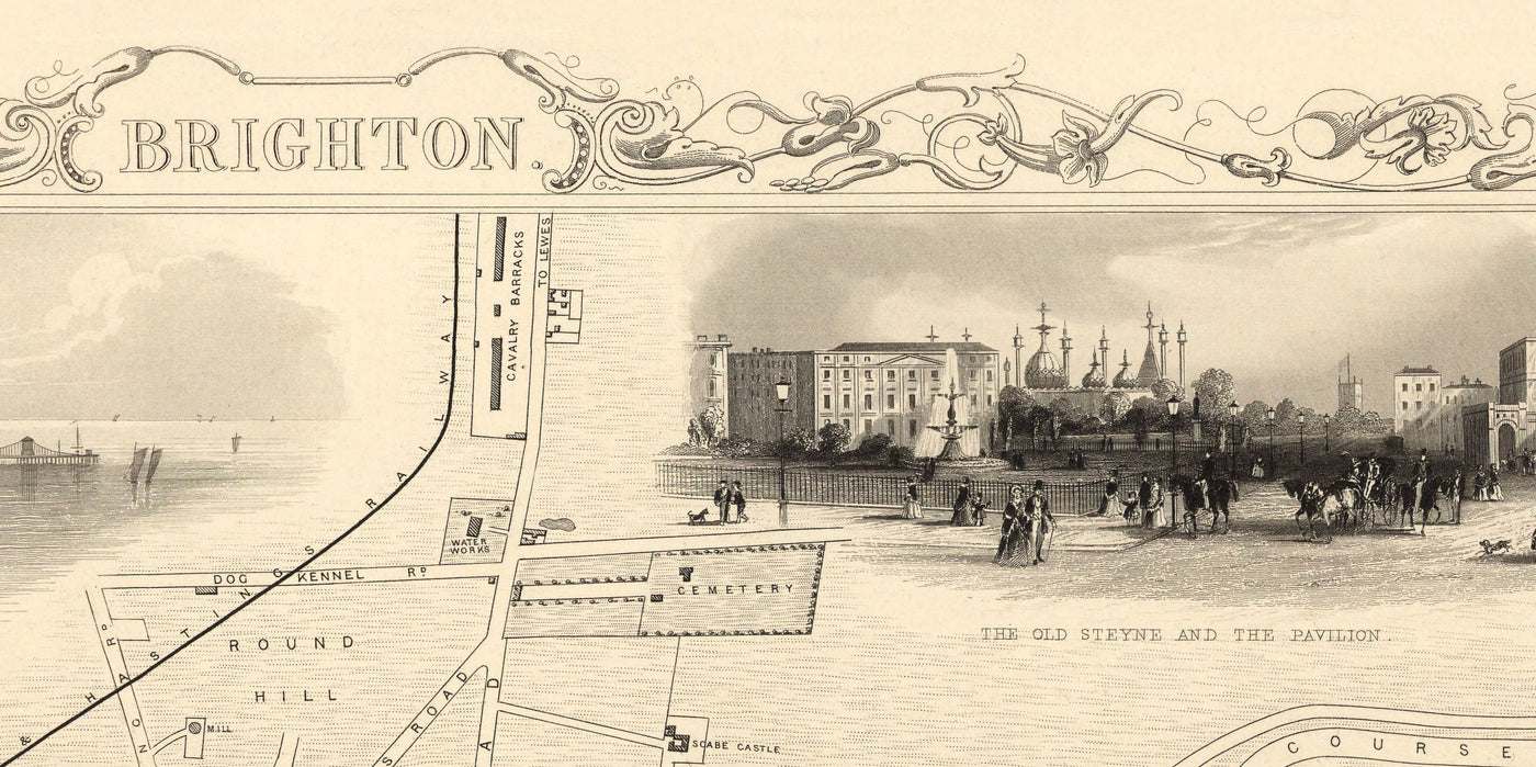 Mapa antiguo de Brighton en 1851 por J. & F. Tallis - Lanes, Pier, Parade, Old Steine, Kemptown, East Sussex
