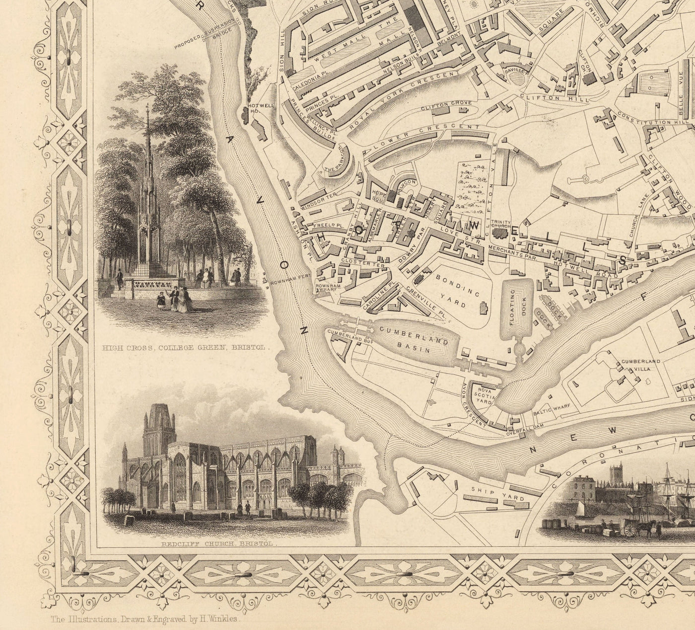 Alte Karte von Bristol im Jahr 1851 von Tallis & Rapkin - Clifton, Temple Meads, Castle, Redcliffe