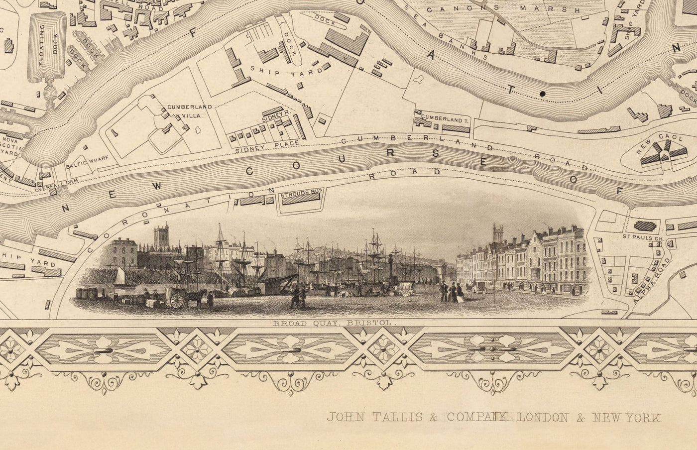 Ancienne carte de Bristol en 1851 par Tallis & Rapkin - Clifton, Temple Meads, Castle, Redcliffe