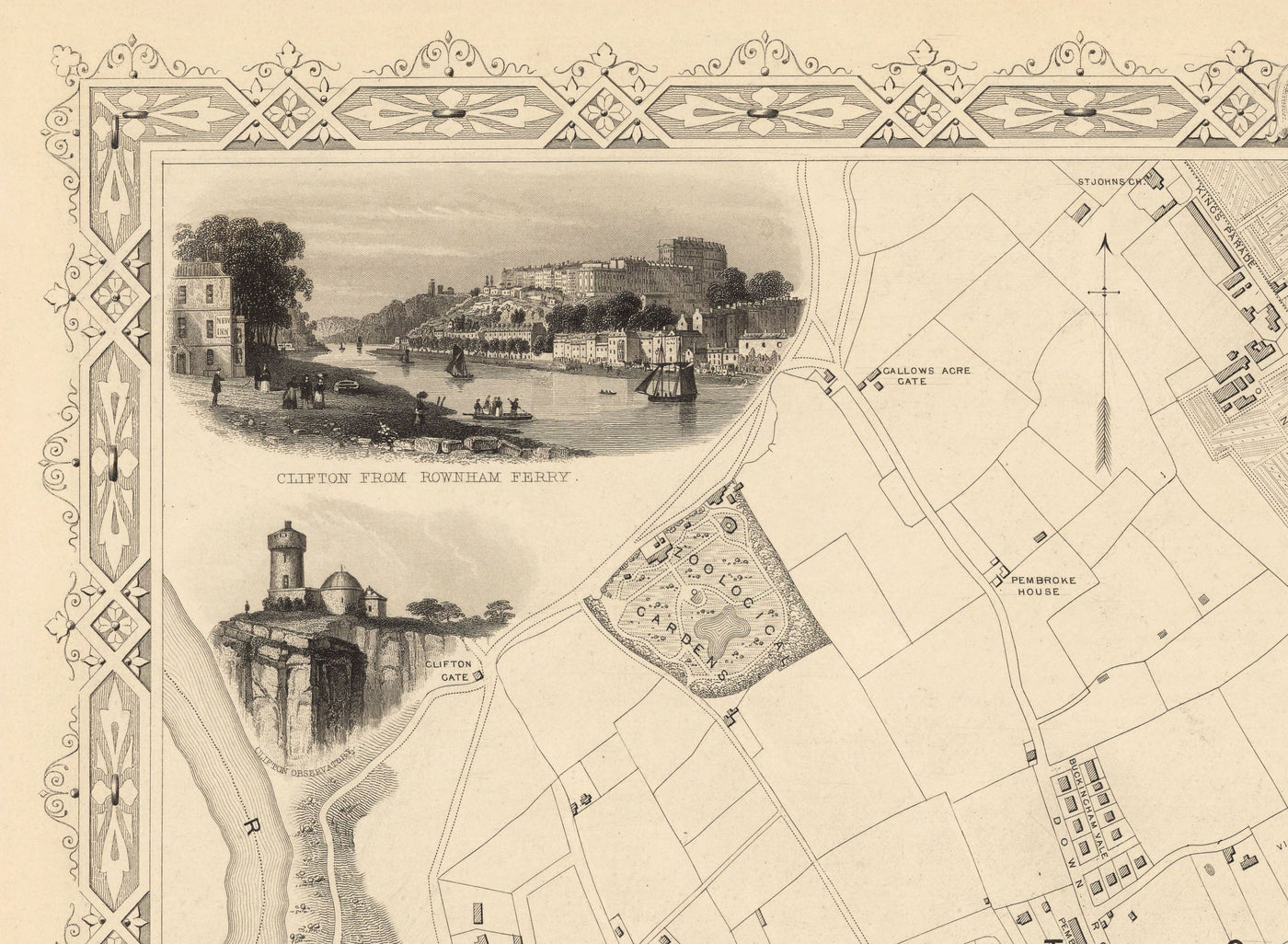 Antiguo mapa de Bristol en 1851 por Tallis & Rapkin - Clifton, Temple Meads, Castle, Redcliffe