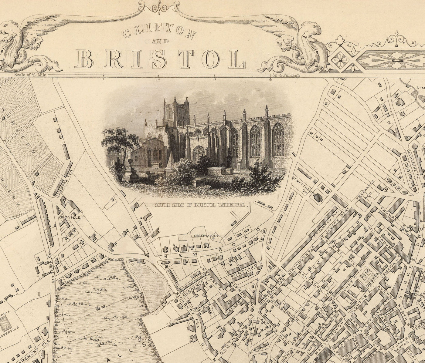 Antiguo mapa de Bristol en 1851 por Tallis & Rapkin - Clifton, Temple Meads, Castle, Redcliffe