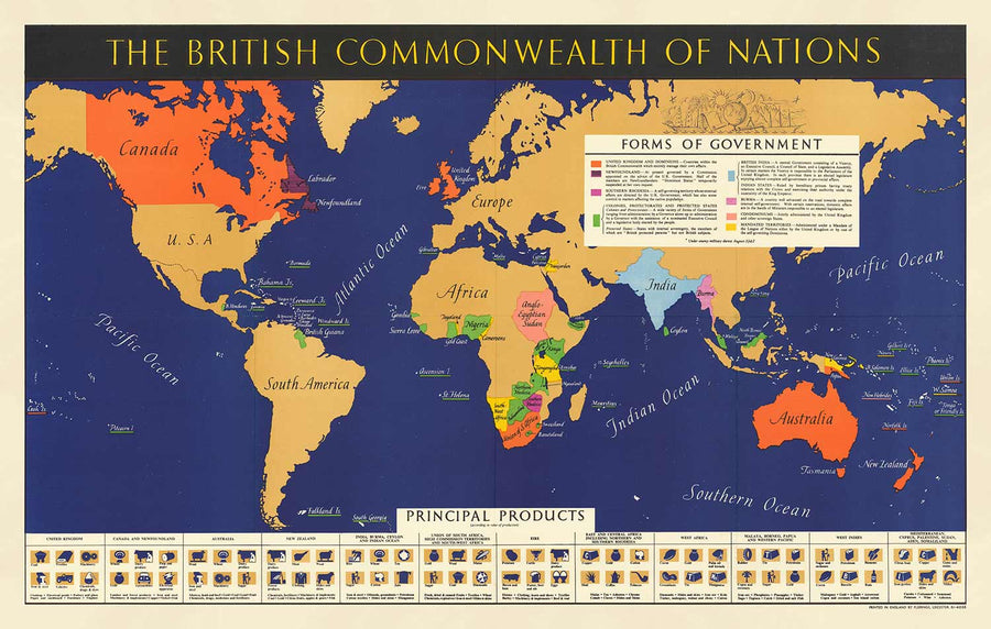 Alte Weltkarte des Britischen Commonwealth of Nations, 1942 - Britisches Empire, UK, Kanada, Australien, Dominions, Indien, Afrika 