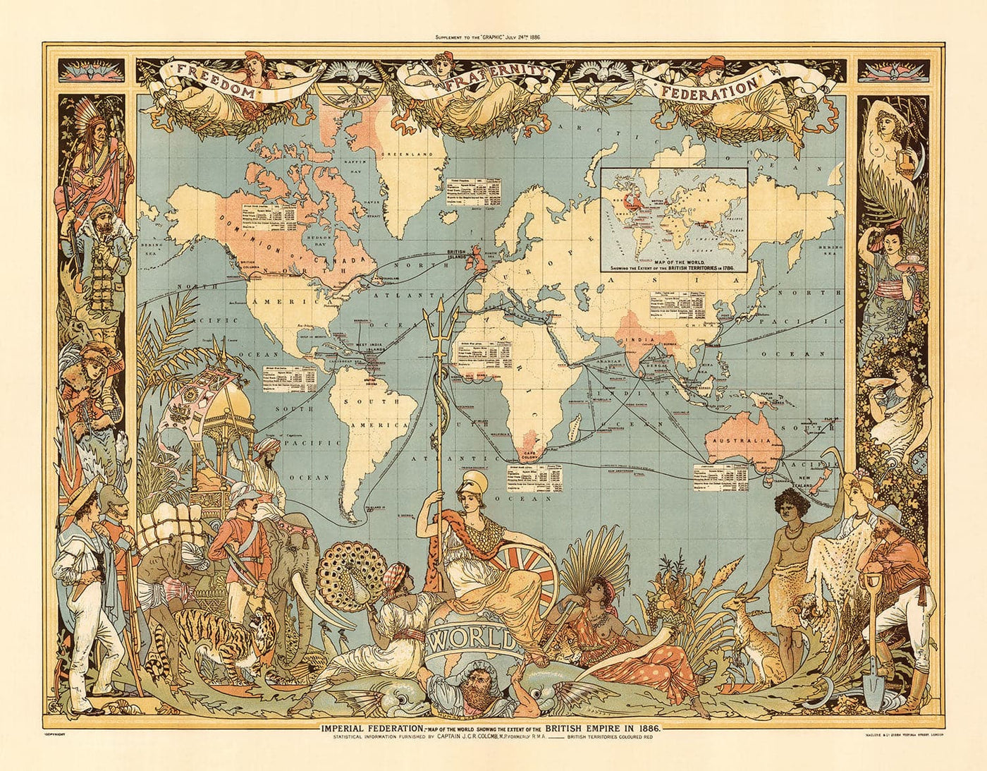 Mapa del mundo del Imperio Británico, 1886 - Gráfico de pared de la reina Victoria Jubilee por el "gráfico"