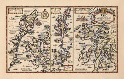 Alte Autokarte der schottischen Inseln - äußere, innere Hebriden, Shetland, Orkney, Skye