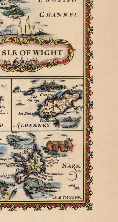 Alte Autokarte der britischen Inseln - Insel Wight, Scilly, Mann, Trikot, Guernsey