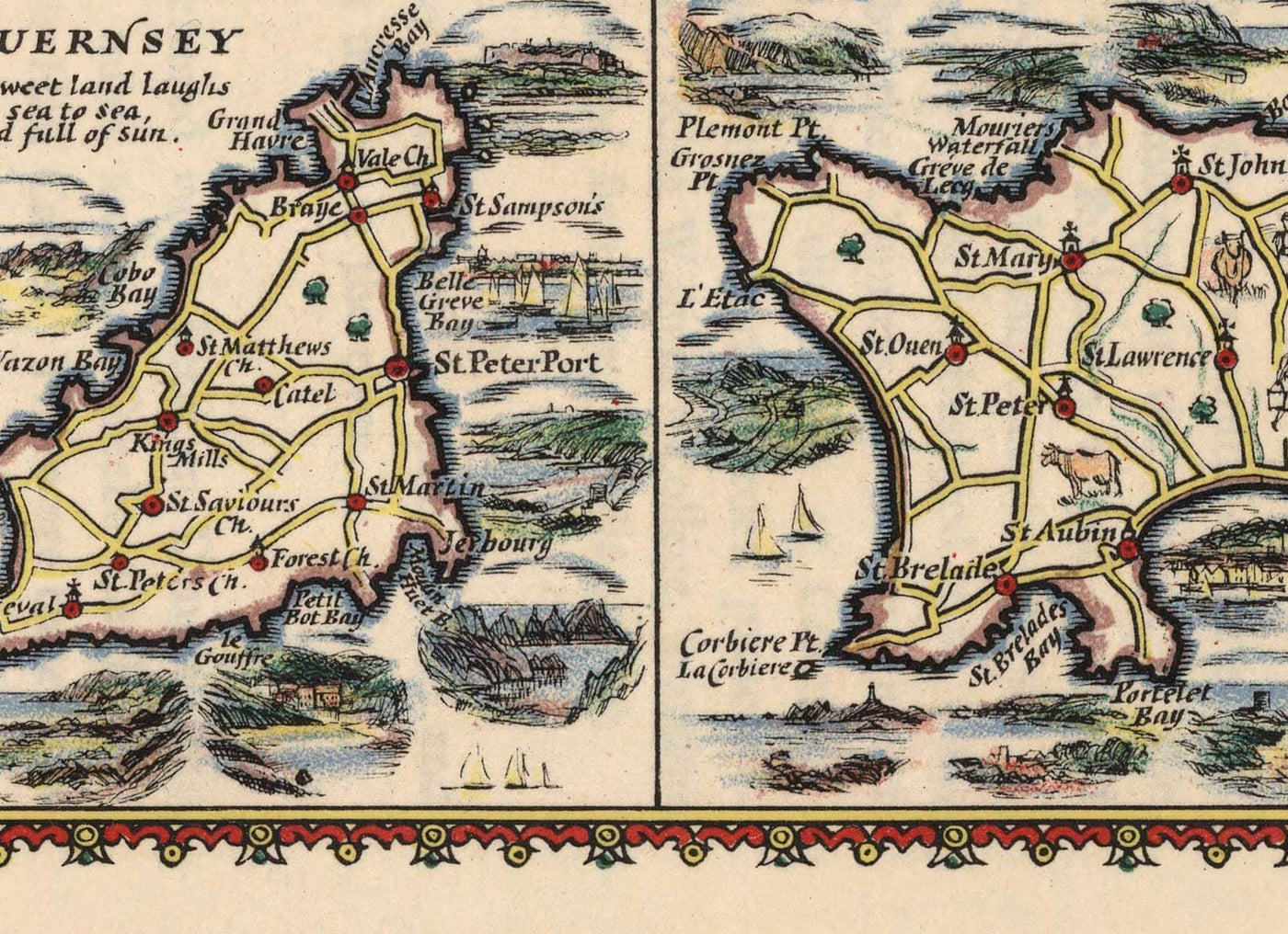 Old Car Map of British Islands - Isle of Wight, Scilly, Man, Jersey, Guernsey