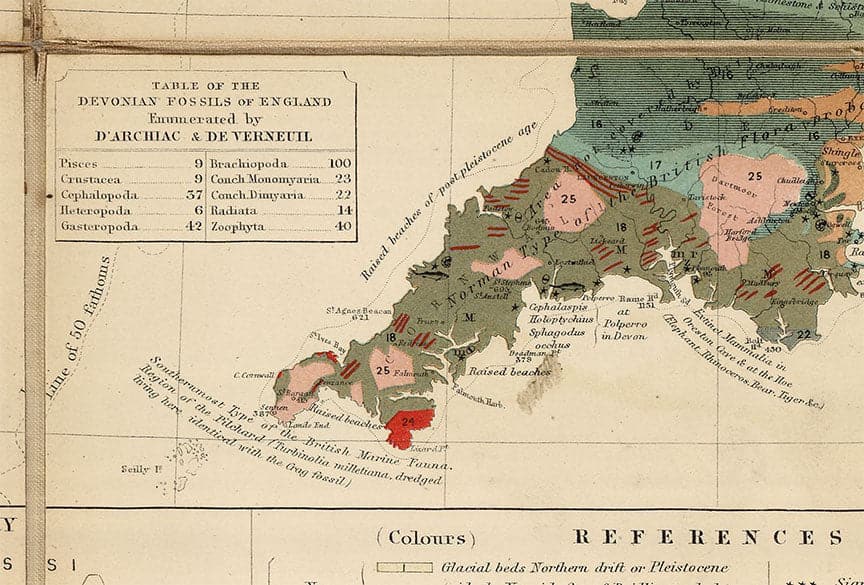 Ancienne carte géologique et fossile des îles britanniques, 1854, par A.K. Johnston et Edward Forbes - Royaume-Uni, Écosse, Irlande, Paléontologie