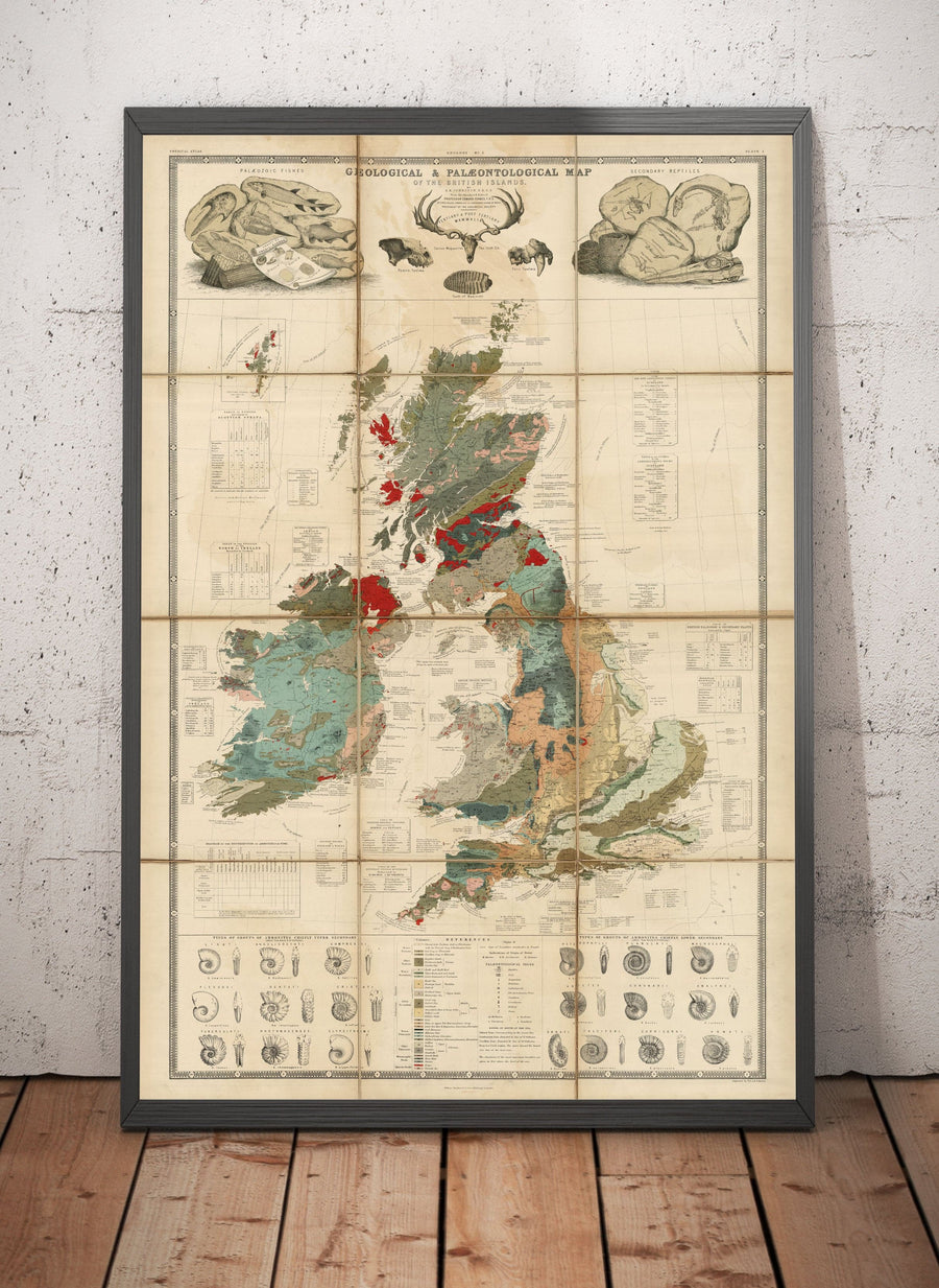 Ancienne carte géologique et fossile des îles britanniques, 1854, par A.K. Johnston et Edward Forbes - Royaume-Uni, Écosse, Irlande, Paléontologie