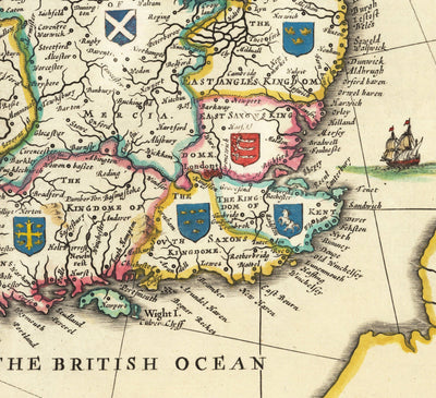 Mapa antiguo de Inglaterra, Gales y Escocia en 1645 por Jan Jansson - Antiguo Anglos Saxon Gran Bretaña Heparquía mapa