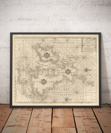 Antica mappa nautica delle Isole Britanniche, 1752 di Page & Mount - Porti, Distanze di Navigazione in Leghe, Canale Inglese 