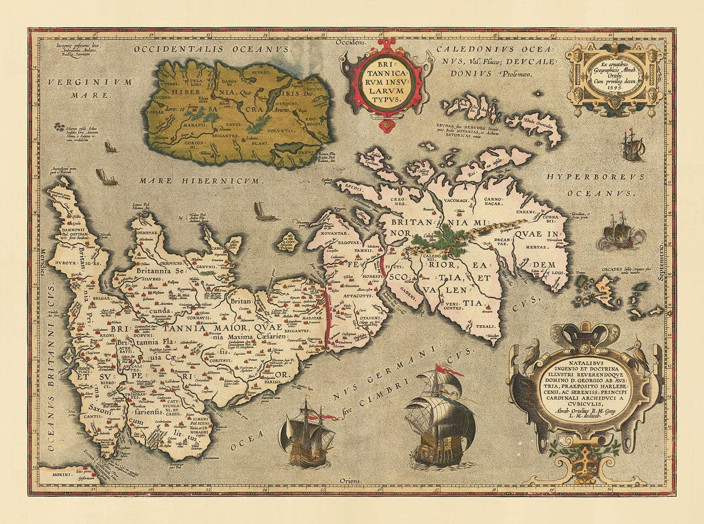 Viejo mapa de Islas Británicas por Abraham Ortelius, 1595 - Inglaterra, Irlanda, Gales, Escocia - Britannia, Hibernia