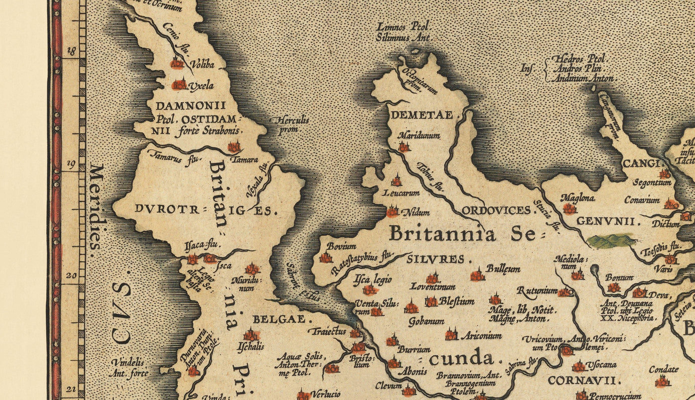 Alte Karte von britischen Inseln von Abraham Ortelius, 1595 - England, Irland, Wales, Schottland - Britannia, Hibernia