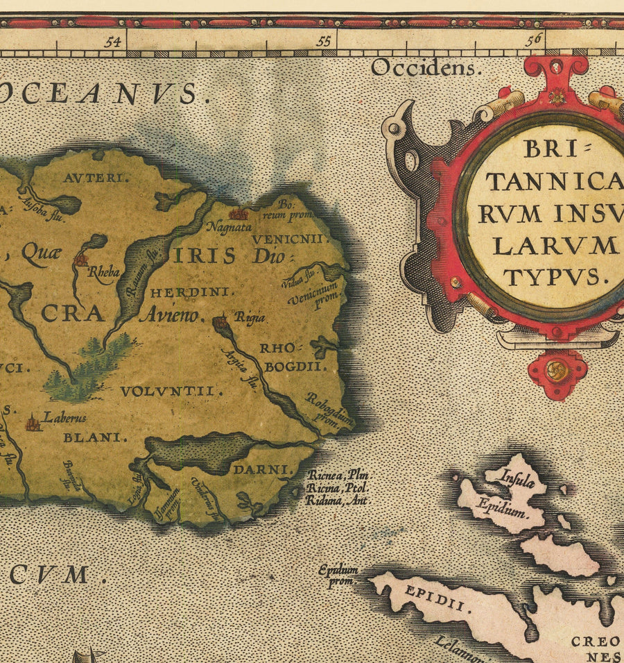 Antica mappa delle Isole Britanniche di Abraham Ortelius, 1595 - Inghilterra, Irlanda, Galles, Scozia - Britannia, Hibernia 