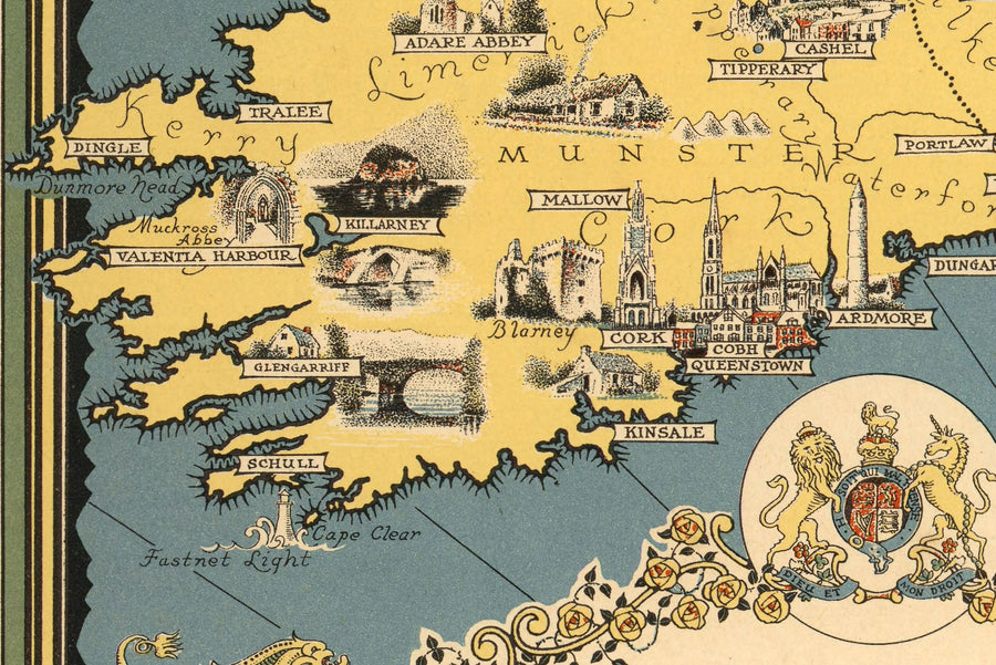 Ancienne carte picturale des îles britanniques, 1939 par Ernest Dudley Chase - Points de repère illustrés, villes, cinq nations