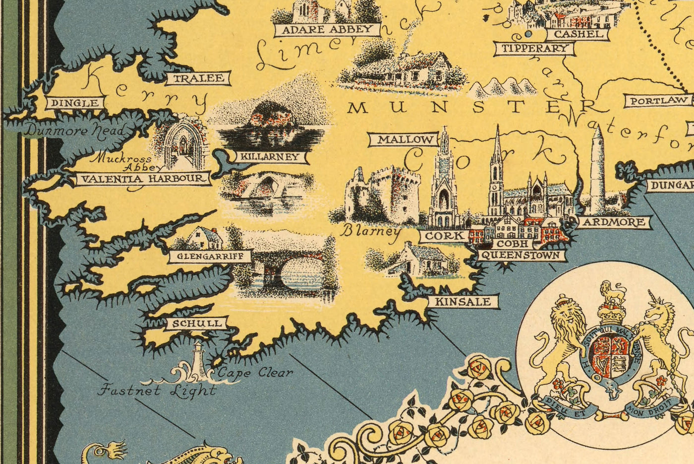 Alte Bildkarte der Britischen Inseln, 1939 von Ernest Dudley Chase - Illustrierte Wahrzeichen, Städte, Fünf Nationen