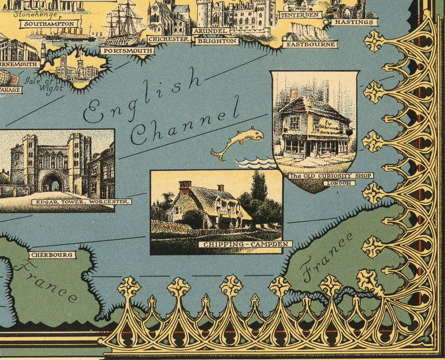Ancienne carte picturale des îles britanniques, 1939 par Ernest Dudley Chase - Points de repère illustrés, villes, cinq nations