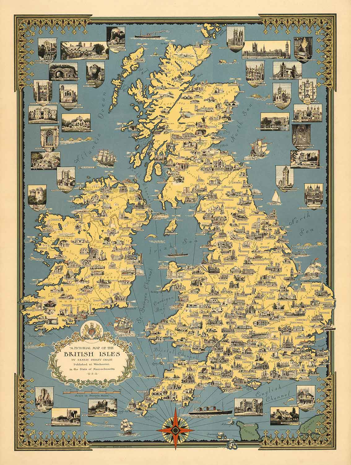 Ancienne carte picturale des îles britanniques, 1939 par Ernest Dudley Chase - Points de repère illustrés, villes, cinq nations