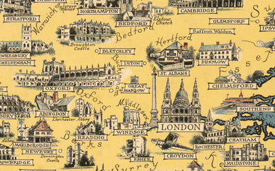 Antiguo mapa pictórico de las Islas Británicas, 1939 por Ernest Dudley Chase - Lugares de interés ilustrados, ciudades, cinco naciones
