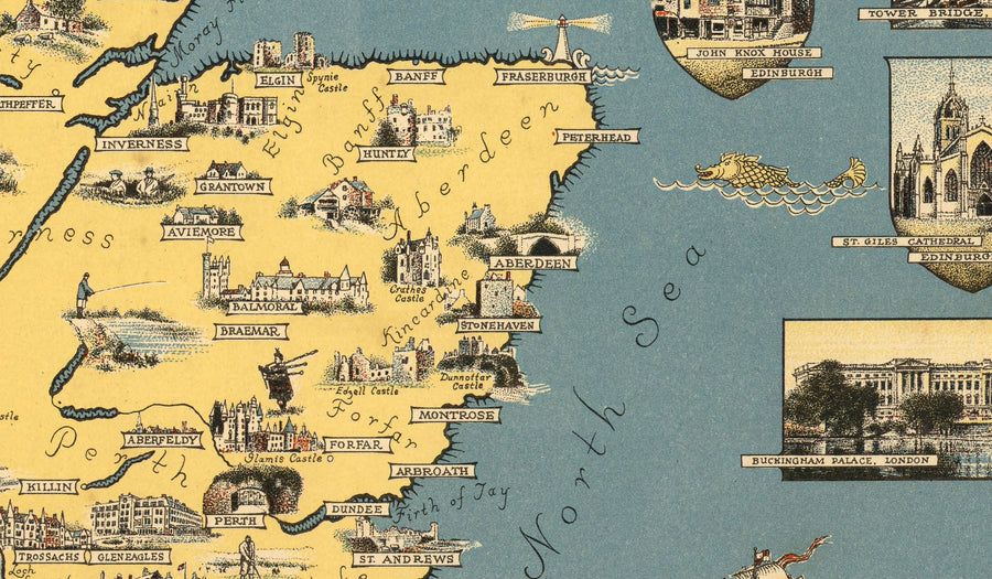 Ancienne carte picturale des îles britanniques, 1939 par Ernest Dudley Chase - Points de repère illustrés, villes, cinq nations