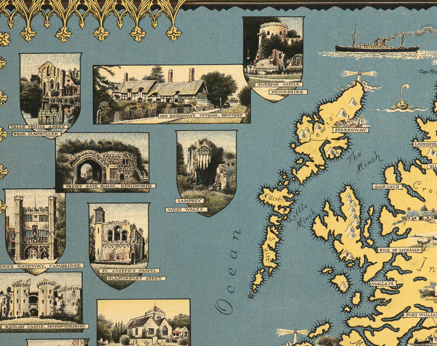 Ancienne carte picturale des îles britanniques, 1939 par Ernest Dudley Chase - Points de repère illustrés, villes, cinq nations