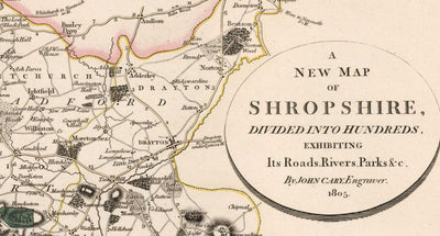 Antiguo mapa de Shropshire en 1805 por John Cary - Shrewsbury, Bridgnorth, Ludlow, Ironbridge, Oswestry