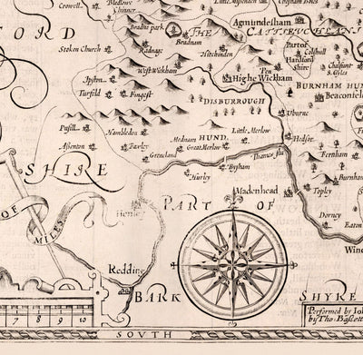 Mapa monocromático viejo de Buckinghamshire en 1611 por John Speed ​​- High Wycombe, Amersham, Buckingham, Milton Keynes
