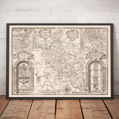 Old Monochrome Map of Buckinghamshire in 1611 by John Speed - High Wycombe, Amersham, Buckingham, Milton Keynes