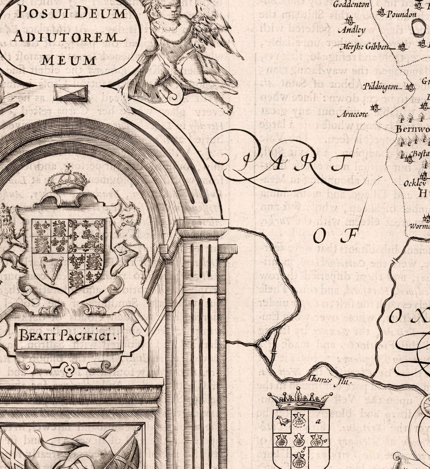 Mapa monocromático viejo de Buckinghamshire en 1611 por John Speed ​​- High Wycombe, Amersham, Buckingham, Milton Keynes