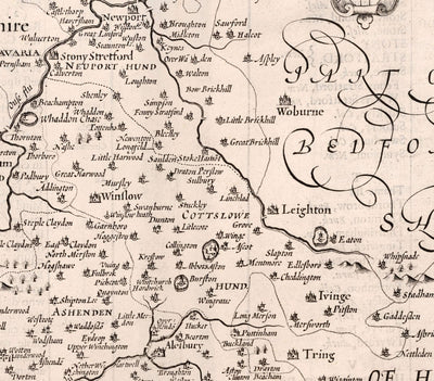 Vieille carte monochrome de Buckinghamshire en 1611 par John Speed ​​- High Wycombe, Amersham, Buckingham, Milton Keynes