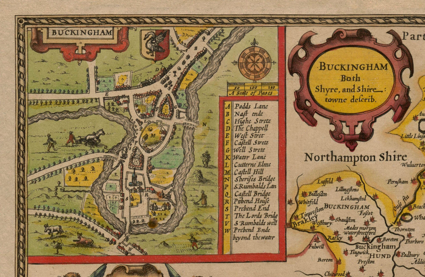 Antiguo mapa de Buckinghamshire en 1611 por John Speed - High Wycombe, Amersham, Buckingham, Milton Keynes, Aylesbury, Newport Pagnell