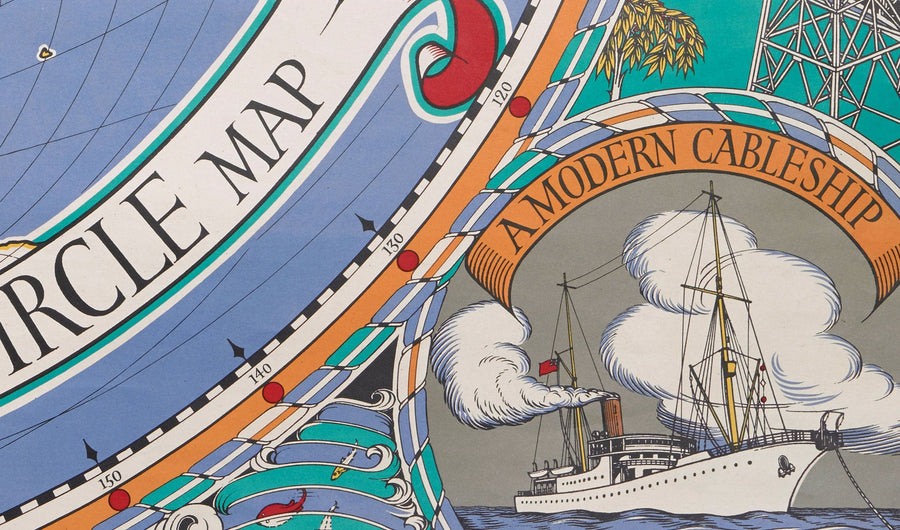 Alte Kabel- und Drahtlose-Großkreis-Karte, 1945 von Max Gill - Flache Erde Britisches Empire U-Boot-Netzwerkdiagramm 