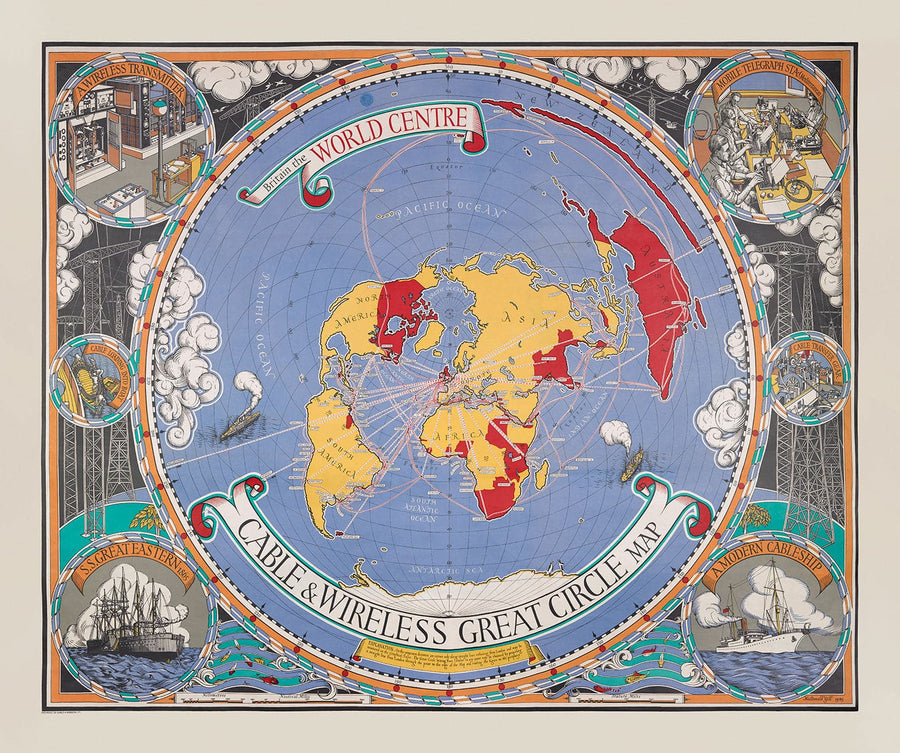 Alte Kabel- und Drahtlose-Großkreis-Karte, 1945 von Max Gill - Flache Erde Britisches Empire U-Boot-Netzwerkdiagramm 