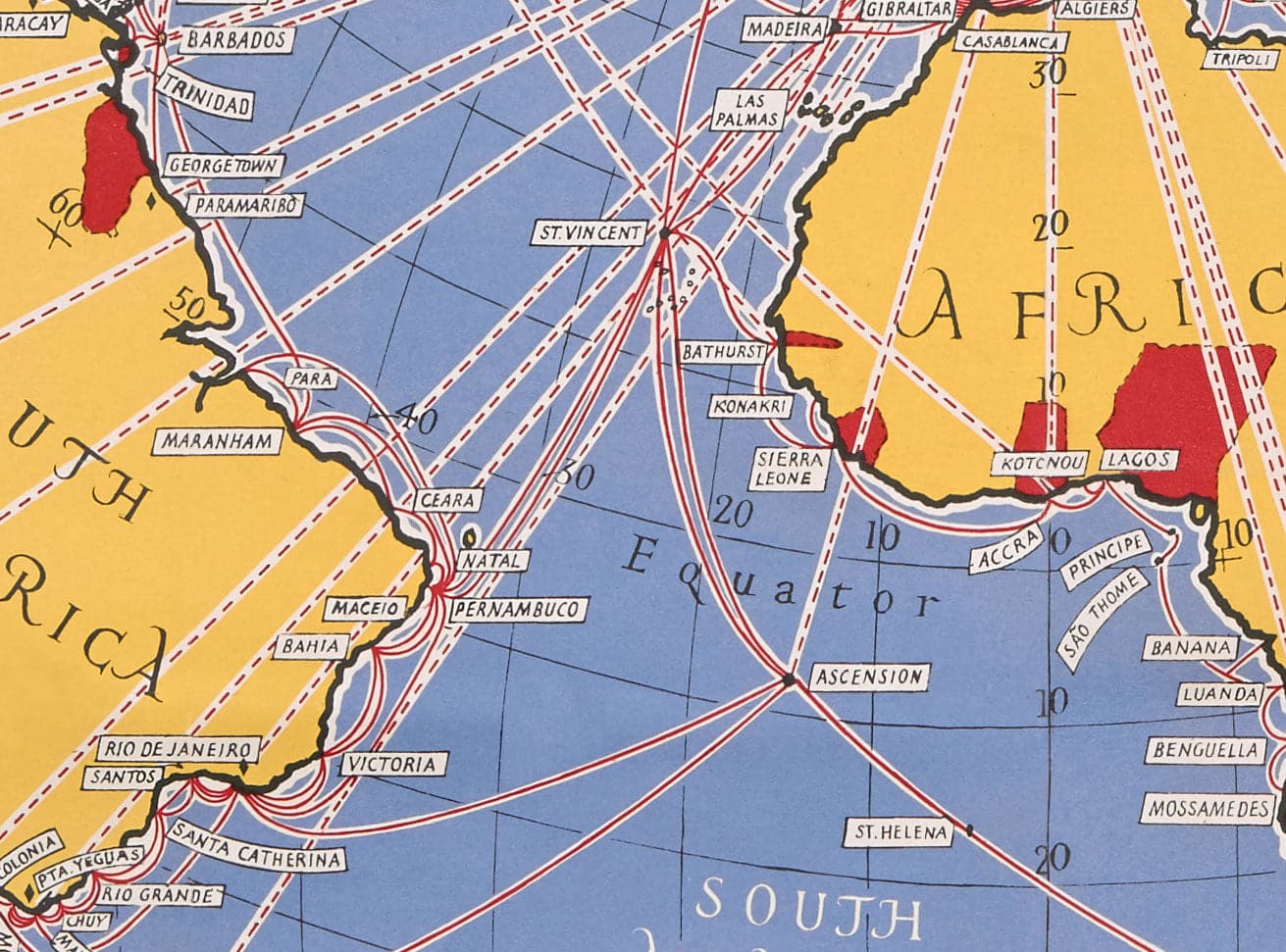 Cable & Wireless Great Circle Mapa, 1945 por Max Gill - Tabla de red submarina del Imperio Británico de la Tierra Piso
