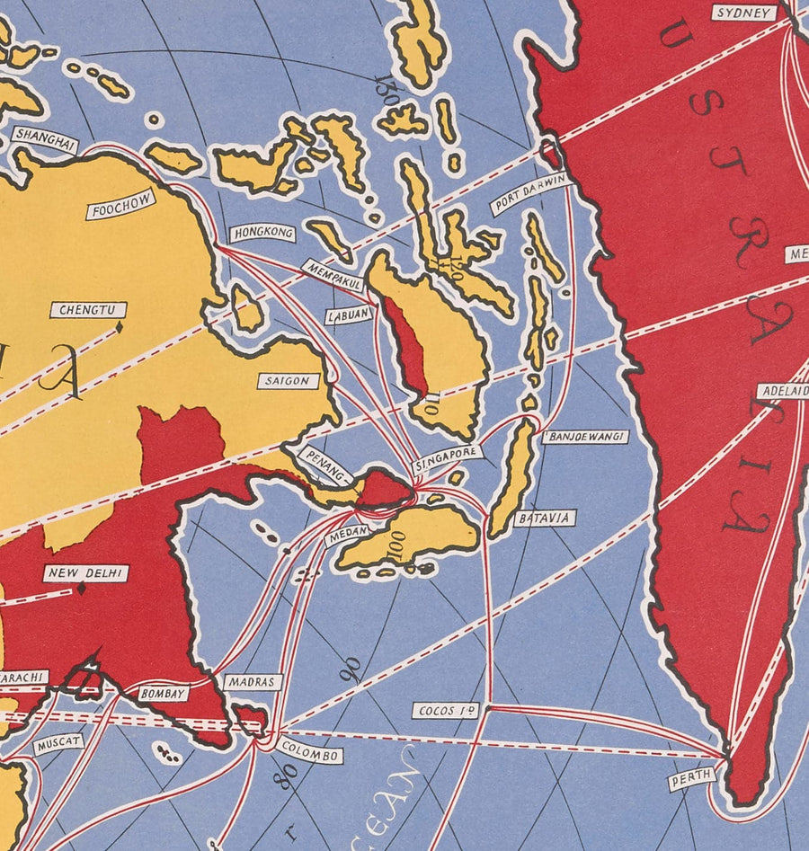 Alte Kabel- und Drahtlose-Großkreis-Karte, 1945 von Max Gill - Flache Erde Britisches Empire U-Boot-Netzwerkdiagramm 