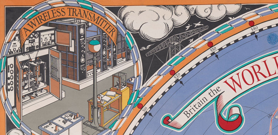 Alte Kabel- und Drahtlose-Großkreis-Karte, 1945 von Max Gill - Flache Erde Britisches Empire U-Boot-Netzwerkdiagramm 