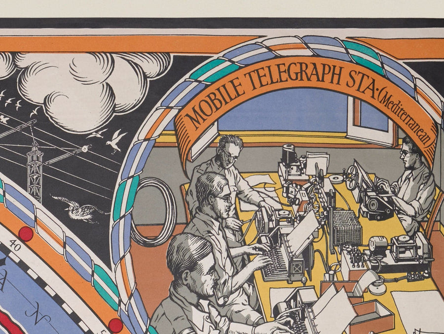 Alte Kabel- und Drahtlose-Großkreis-Karte, 1945 von Max Gill - Flache Erde Britisches Empire U-Boot-Netzwerkdiagramm 