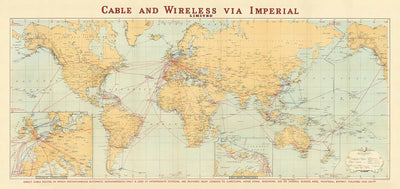 Ancien Carte du monde de câble et sans fil, 1938 - Tableau télégraphique (très tôt) Internet et sous-marin