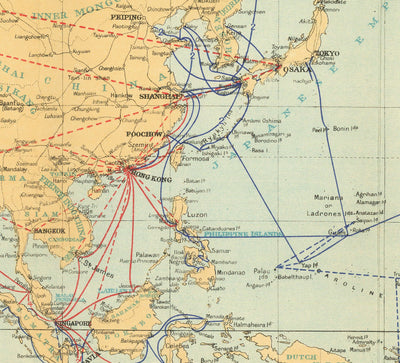 Mapa del mundo de cable antiguo e inalámbrico, 1938 - (muy temprano) Internet y tabla de telegrafía submarina