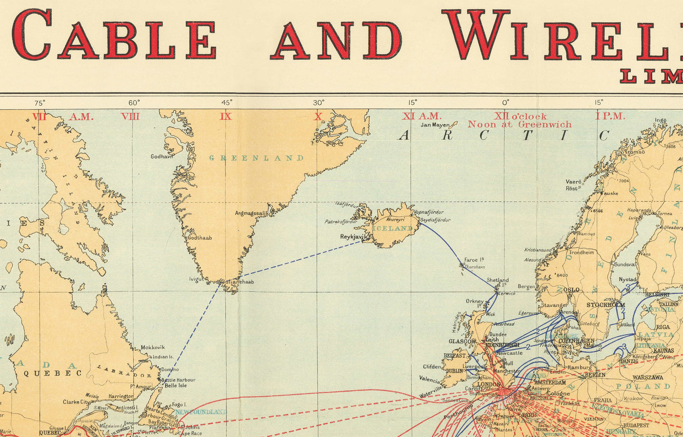 Altes Kabel- und Wireless-Weltkarte, 1938 - (sehr früh) Internet- und U-Boot-Telegraph-Diagramm