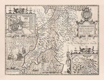 Old Monochrome Carte de Caernarfonshire, Pays de Galles, 1611 par John Speed ​​- Caernarfon, Snowdon, Gwynedd, Bangor