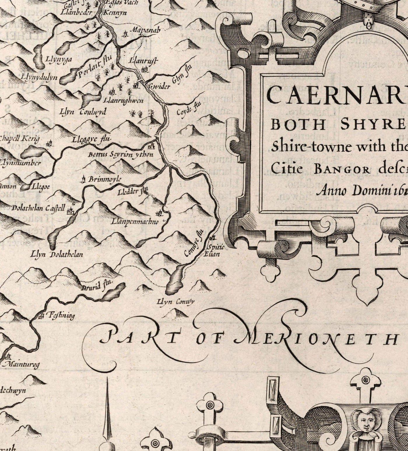 Mapa monocromático viejo de Caernarfonshire, Gales, 1611 de John Speed ​​- Caernarfon, Snowdon, Gwynedd, Bangor