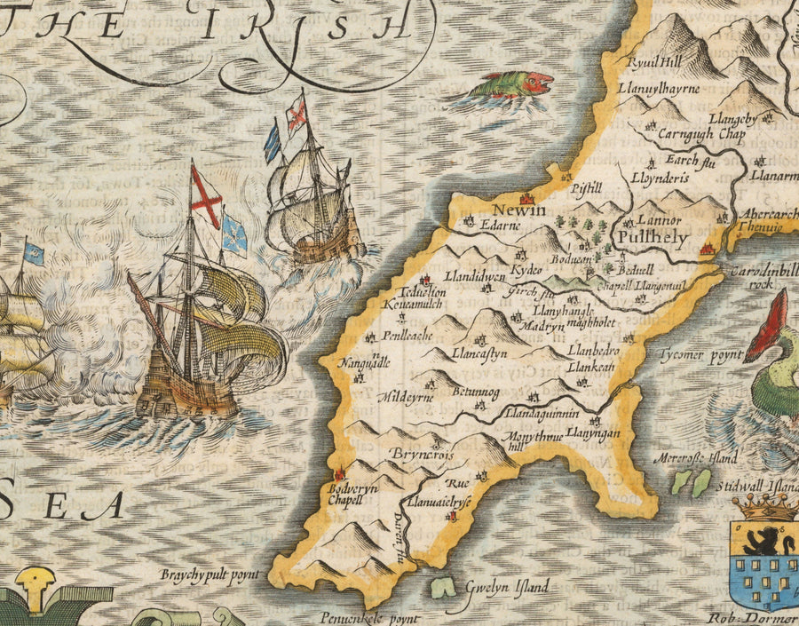 Mappa Antica di Caernarfonshire Wales, 1611 di John Speed - Caernarfon, Snowdon, Gwynedd, Bangor, Conwy, Llandudno 