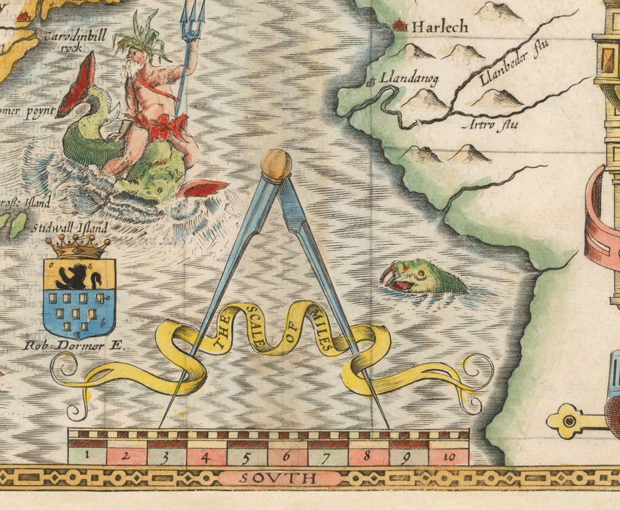 Mappa Antica di Caernarfonshire Wales, 1611 di John Speed - Caernarfon, Snowdon, Gwynedd, Bangor, Conwy, Llandudno 