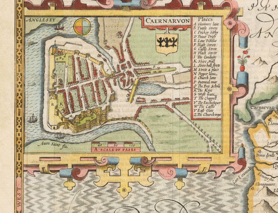Mappa Antica di Caernarfonshire Wales, 1611 di John Speed - Caernarfon, Snowdon, Gwynedd, Bangor, Conwy, Llandudno 