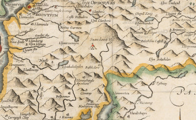 Antiguo mapa de Caernarfonshire Gales, 1611 por John Speed - Caernarfon, Snowdon, Gwynedd, Bangor, Conwy, Llandudno