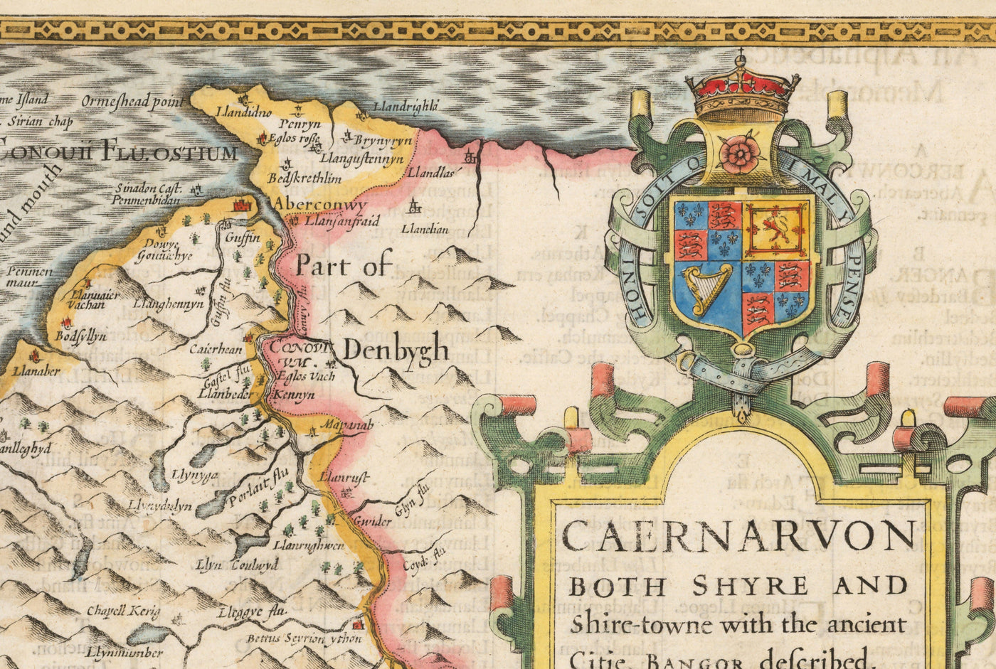 Antiguo mapa de Caernarfonshire Gales, 1611 por John Speed - Caernarfon, Snowdon, Gwynedd, Bangor, Conwy, Llandudno